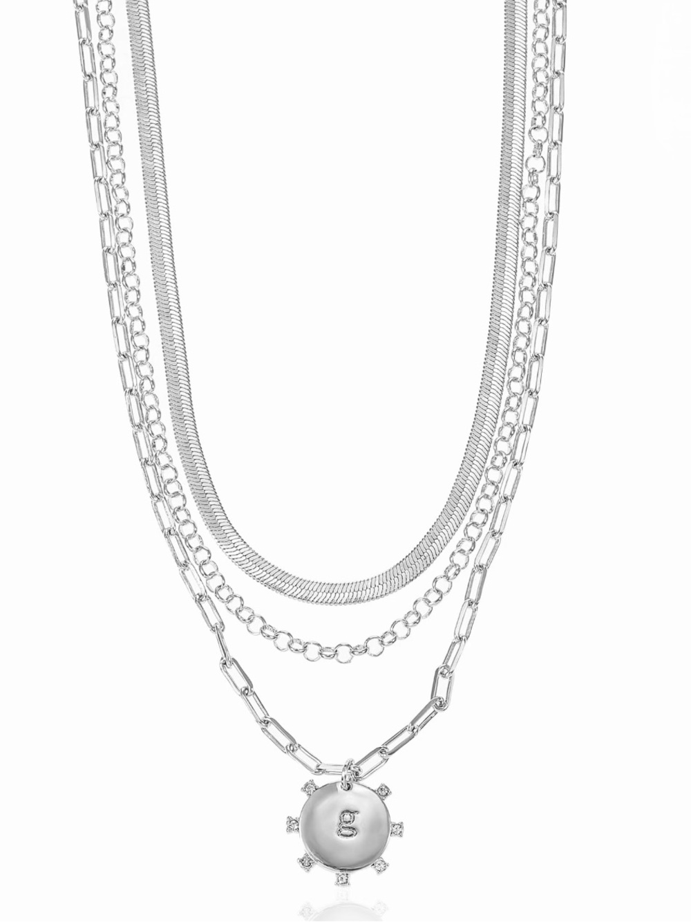 3 Piece Layered Silver Chain Necklace with Round Initial ‘g’ Pendant